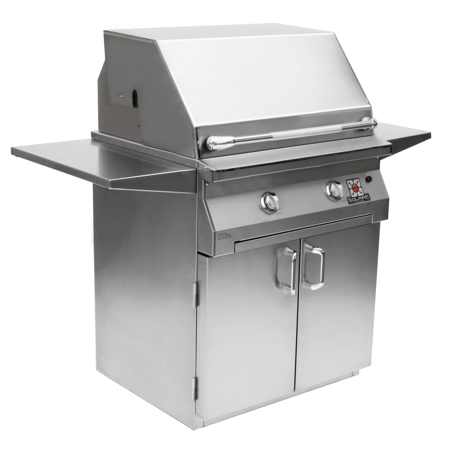 Freestanding stainless grill on 2-door cart with closed lid, side shelves, and control knobs