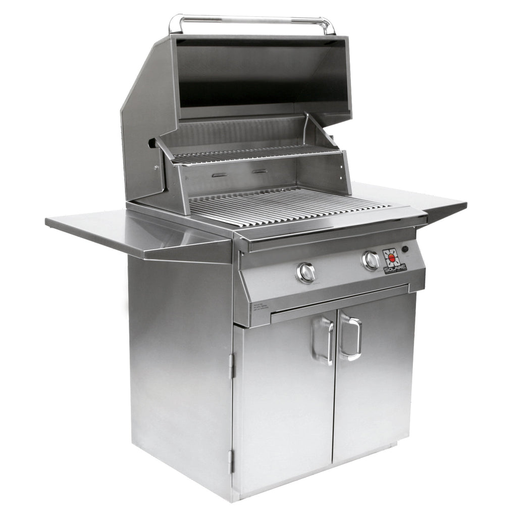 Freestanding stainless grill with lid open, cooking grates, and front control knobs on cart