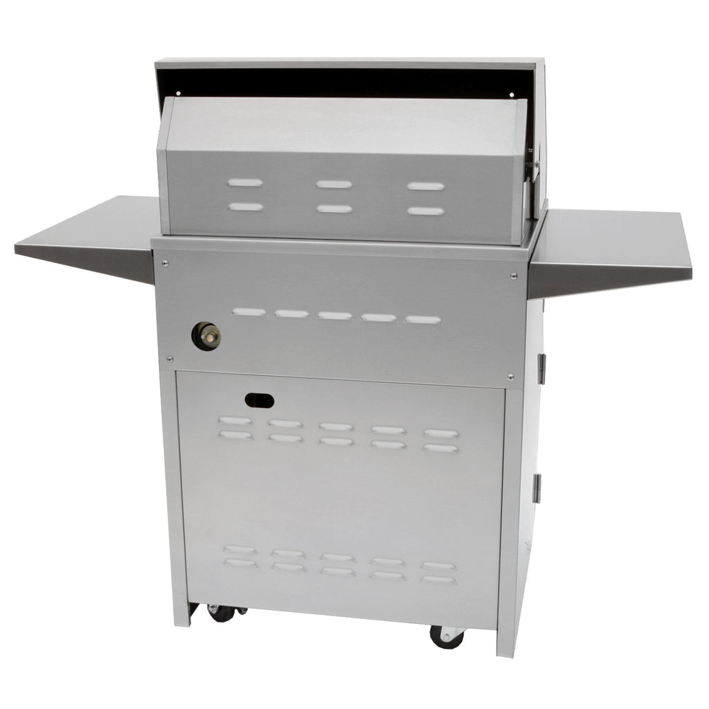 Freestanding stainless grill cart with rear vented panel and side shelves