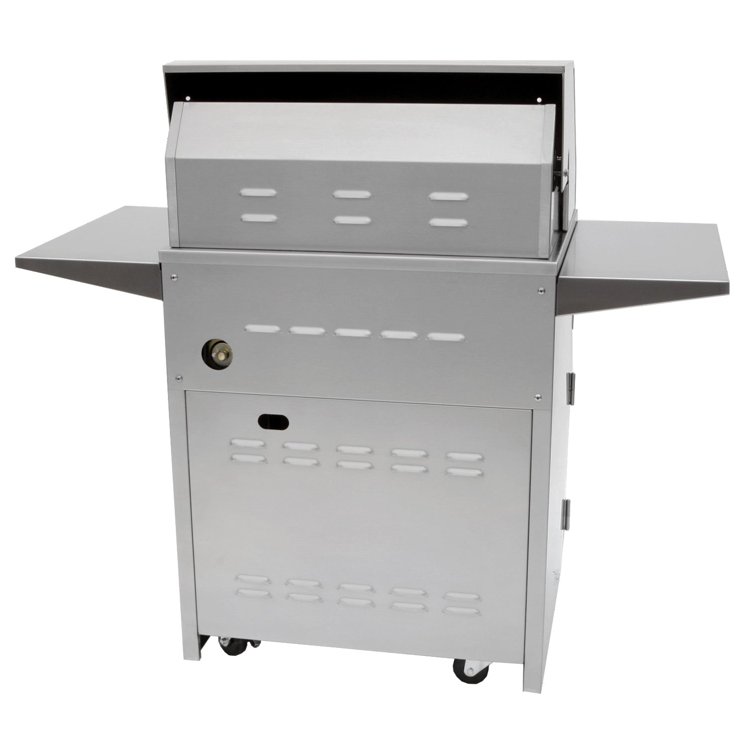Freestanding stainless grill cart with rear vented panel and side shelves