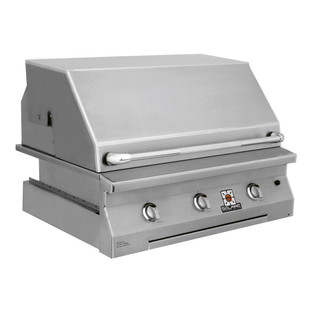 Solaire built-in grill with stainless body and control knobs, side grease tray