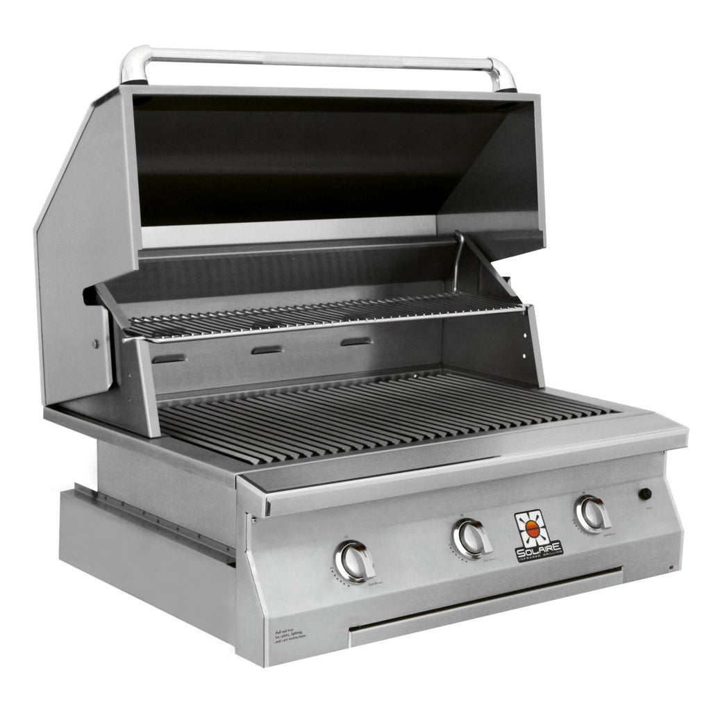Solaire built-in grill with open lid, stainless cooking grates and front control panel