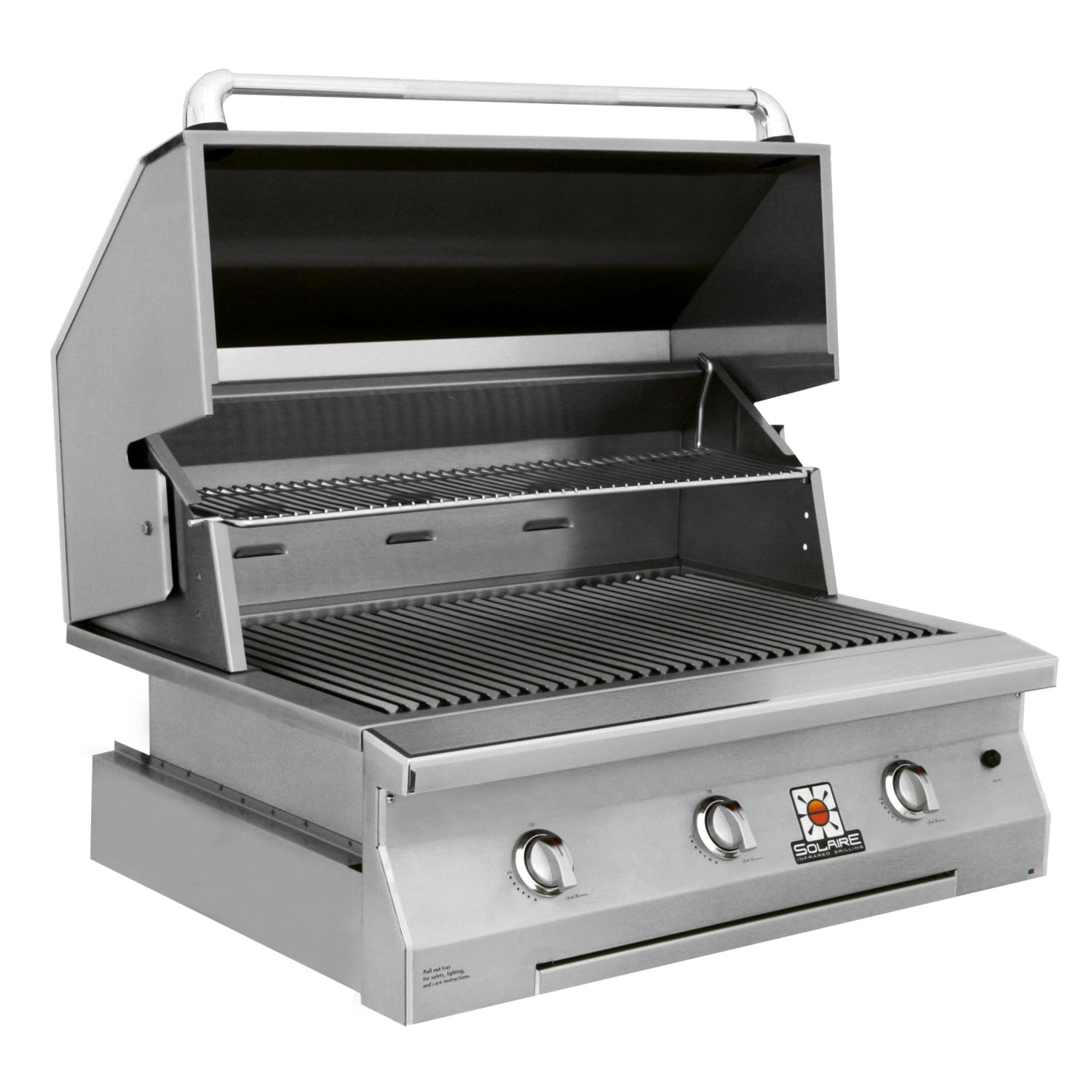 Solaire built-in grill with open lid, stainless cooking grates and front control panel