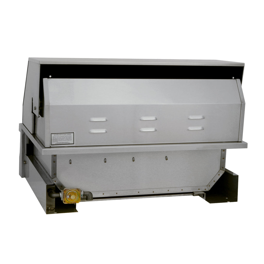 Solaire built-in grill side view with open hood, rear vent panel and mounting brackets