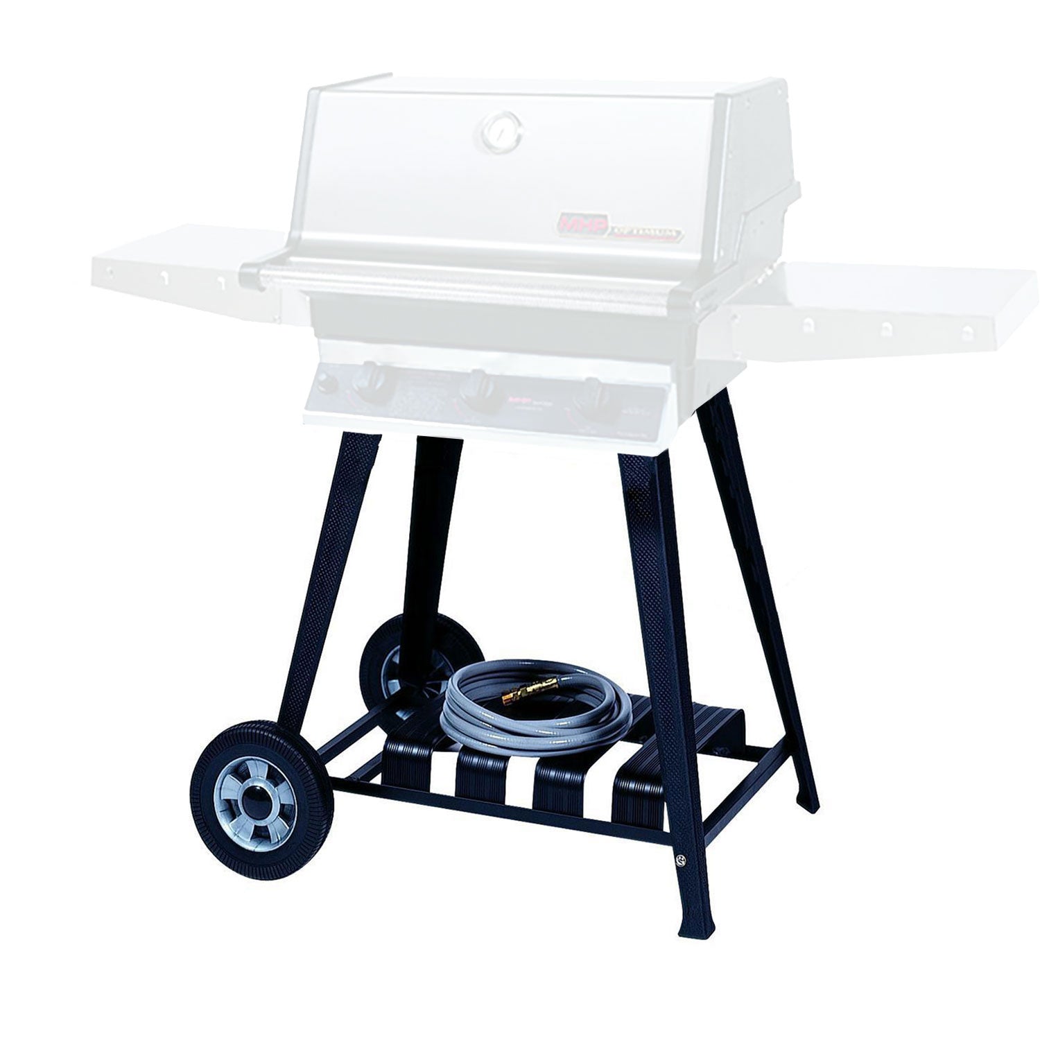 Aluminum BBQ grill cart with two wheels, side supports, and gas hose storage