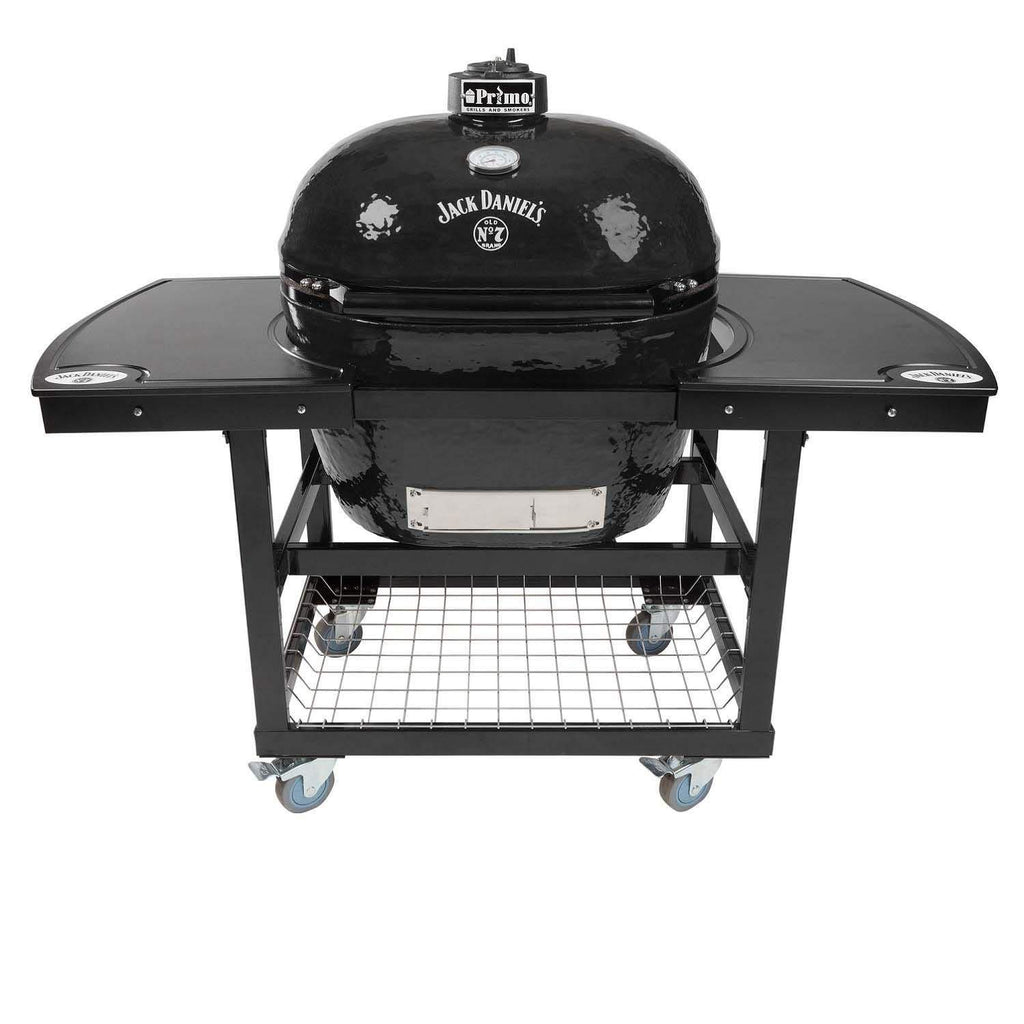 Oval ceramic kamado grill on wheeled cart, black dome, front shelf, side handles