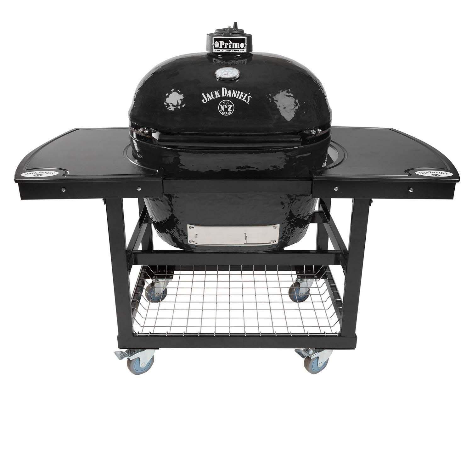 Oval ceramic kamado grill on wheeled cart, black dome, front shelf, side handles
