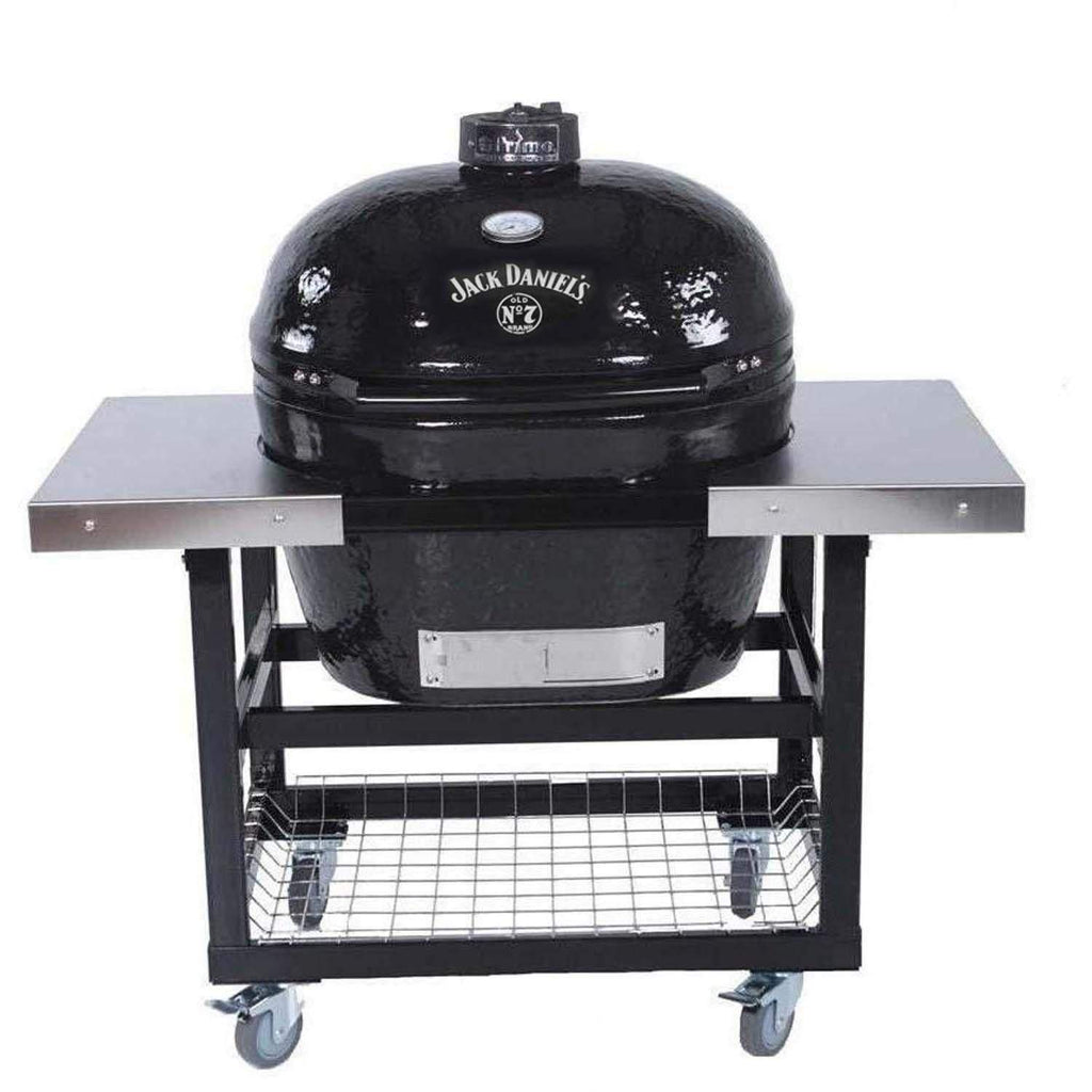 Oval ceramic kamado grill on cart, black dome with front control plate