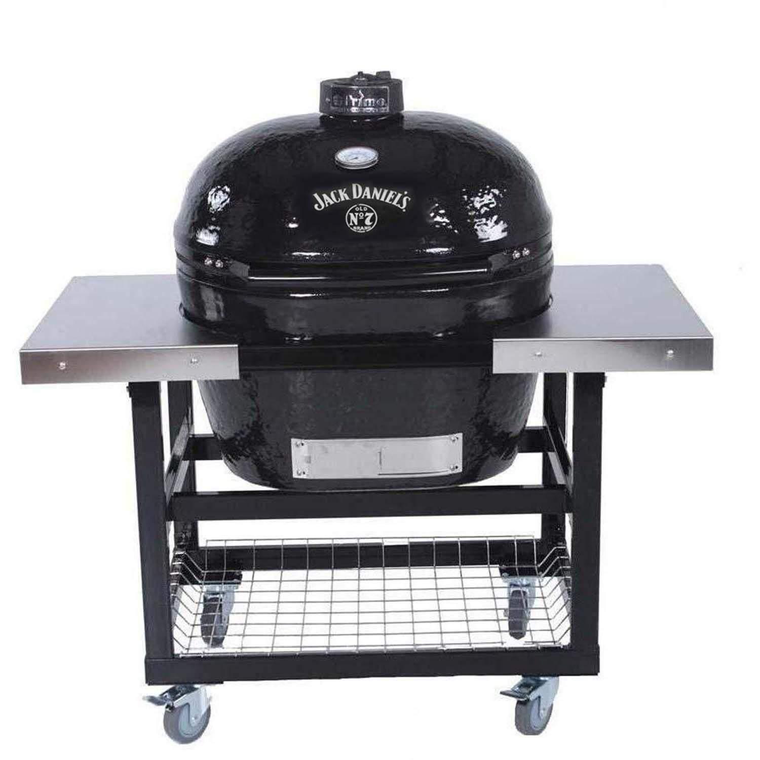 Oval ceramic kamado grill on cart, black dome with front control plate
