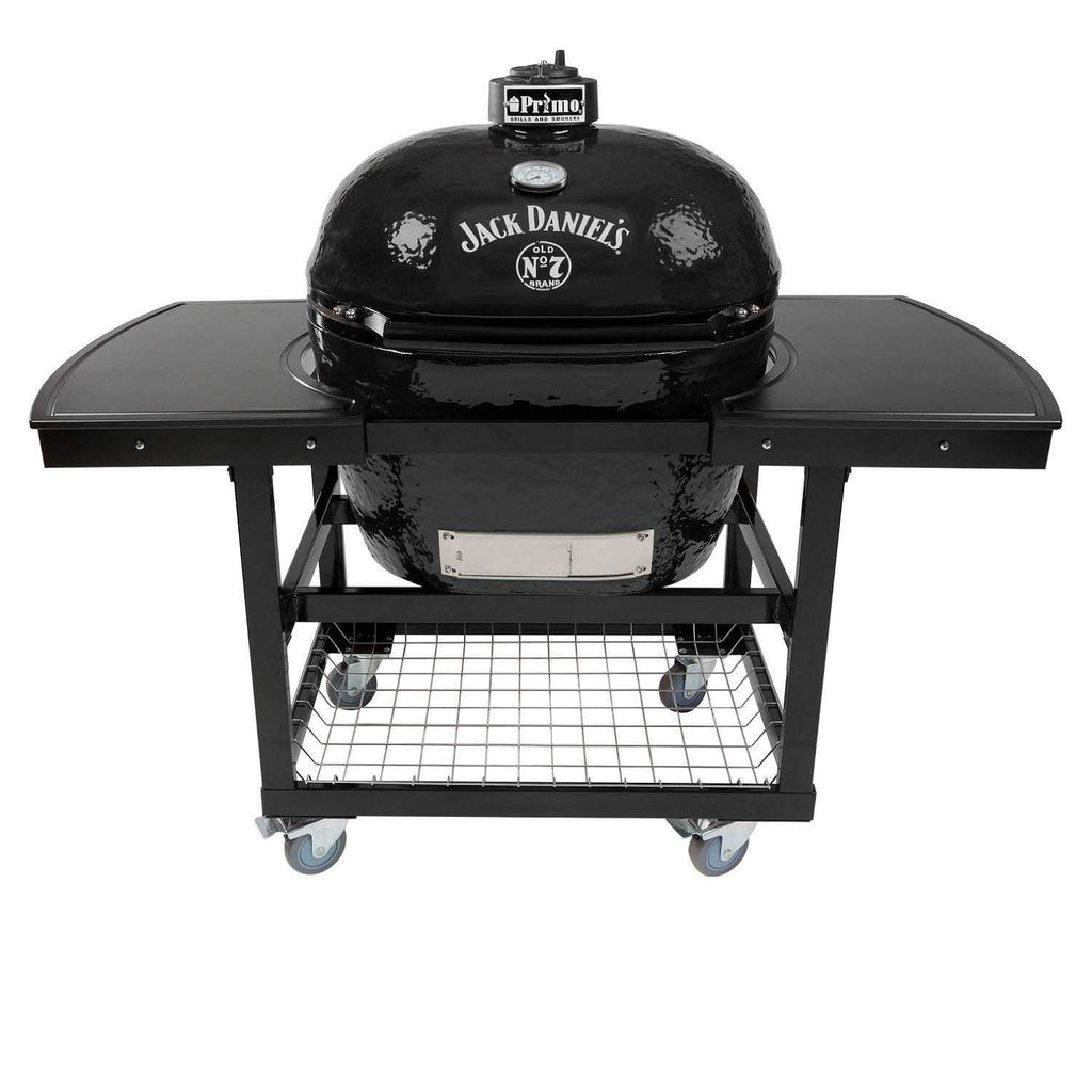 Oval ceramic kamado grill on wheeled cart, black dome with logo and side shelf