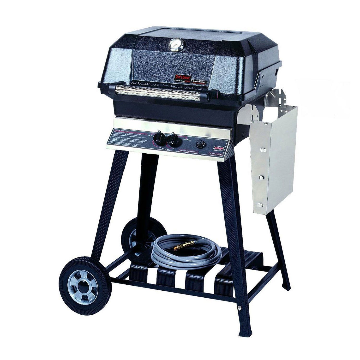 22-inch gas grill on cart with black lid, front control panel, and side cabinet