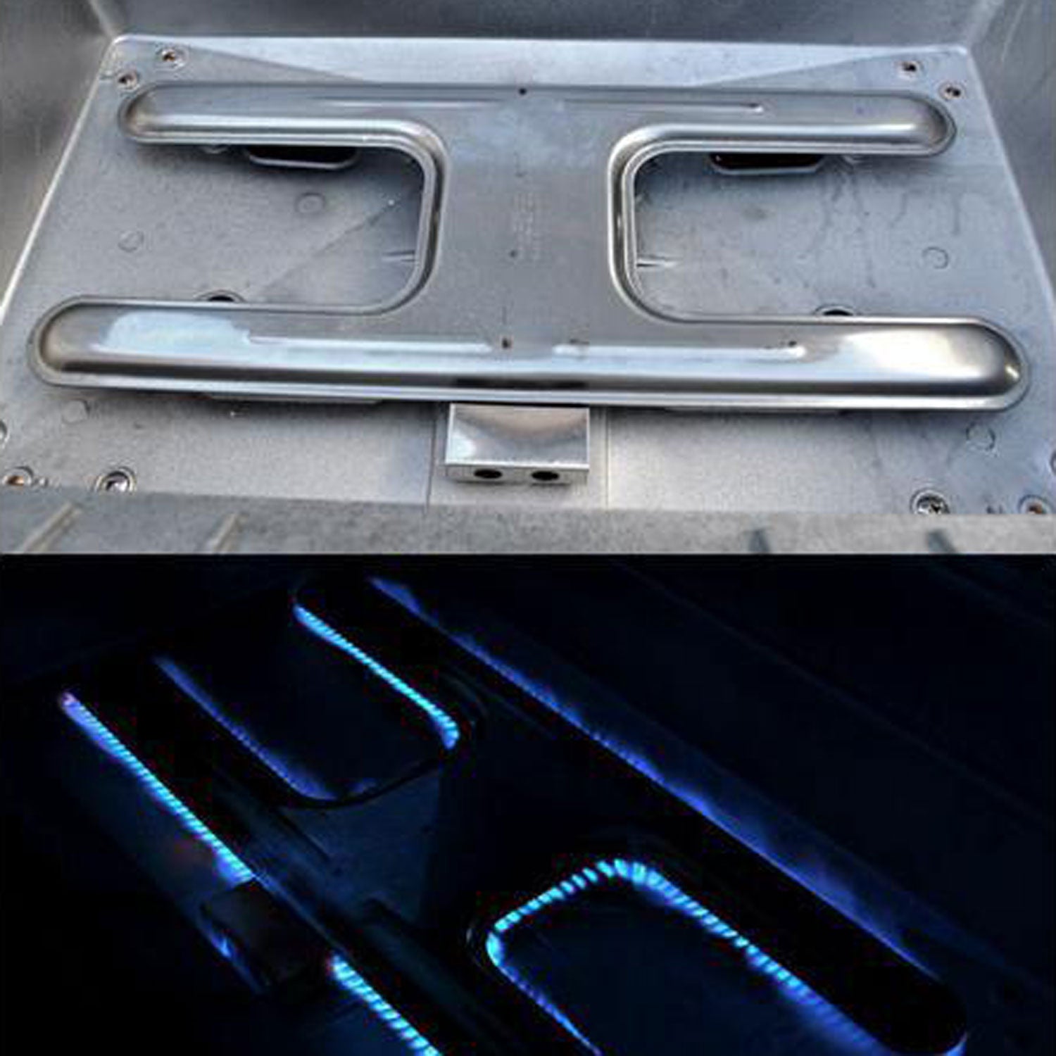 Gas grill cooking hood and burners with blue flames visible