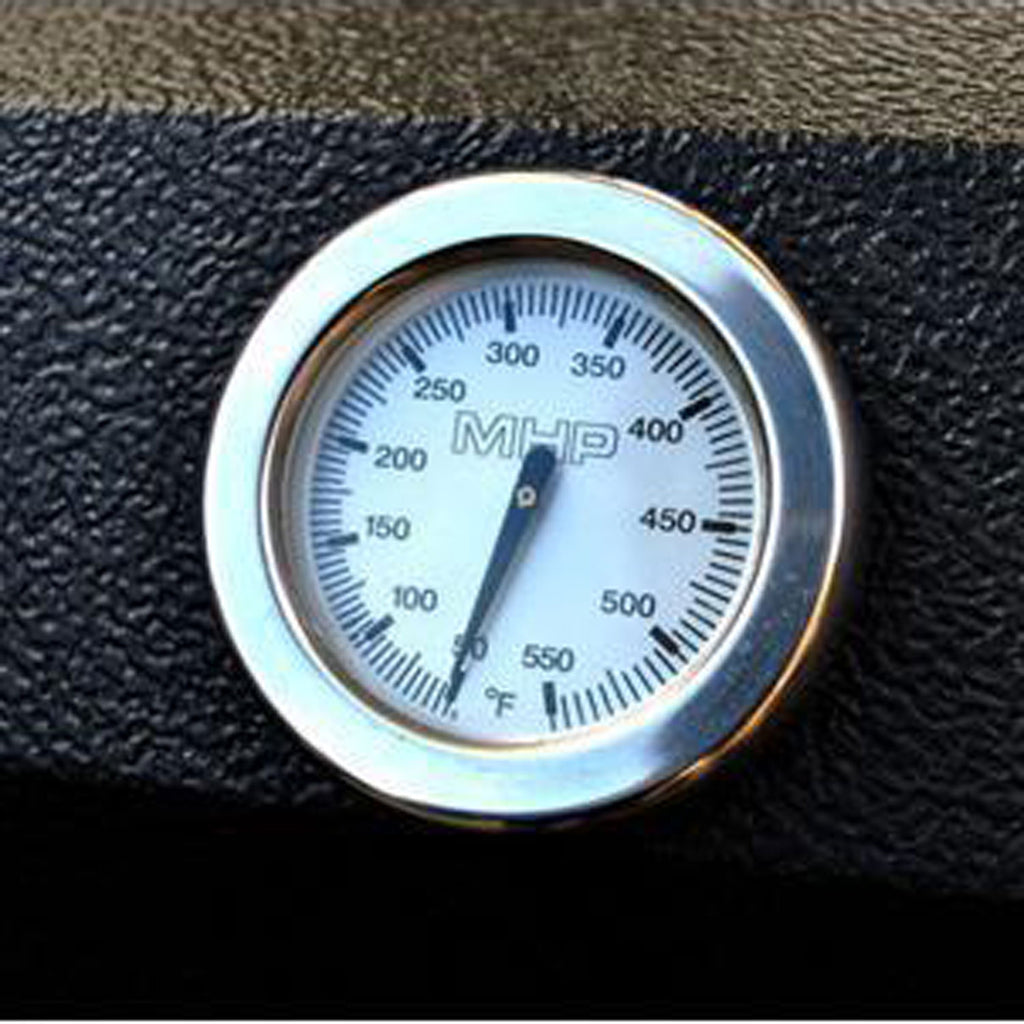Gas grill temperature gauge with MHGP logo and needle