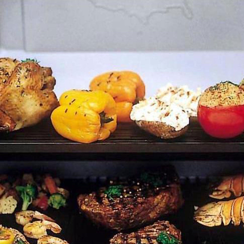 27-inch gas grill cooking grate with sausages, vegetables, and burgers