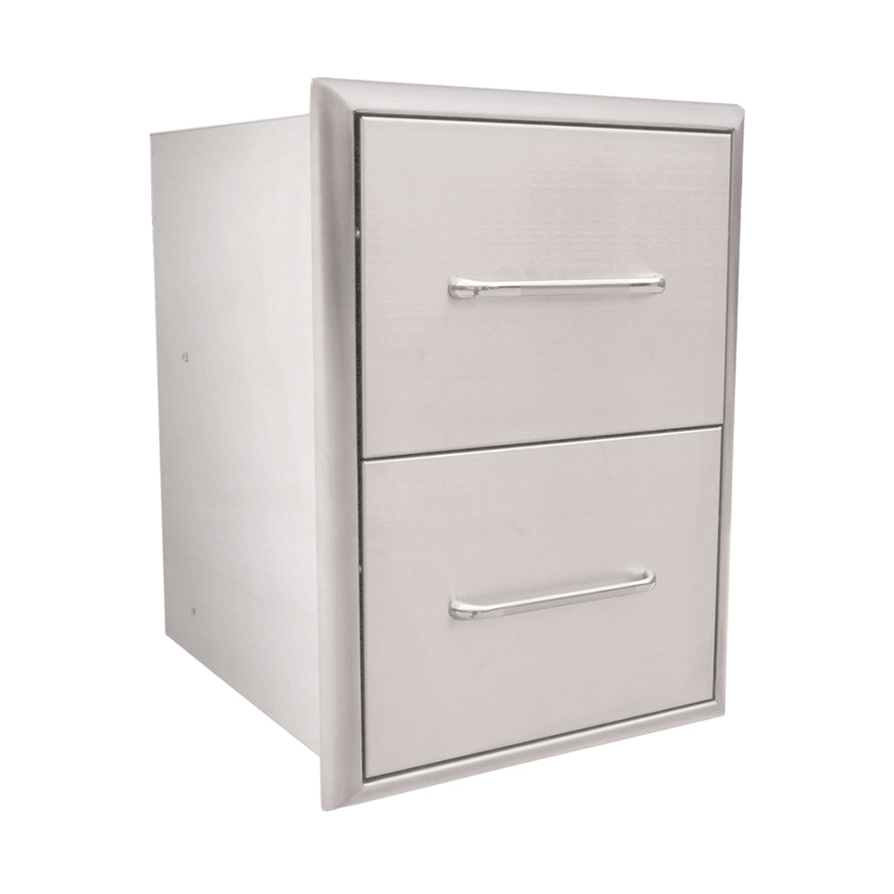 Stainless steel cabinet with two drawers and bar handles, rectangular frame
