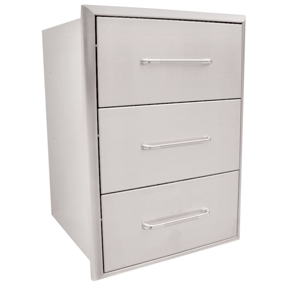 Stainless steel triple drawer cabinet with three front drawers and horizontal silver handles