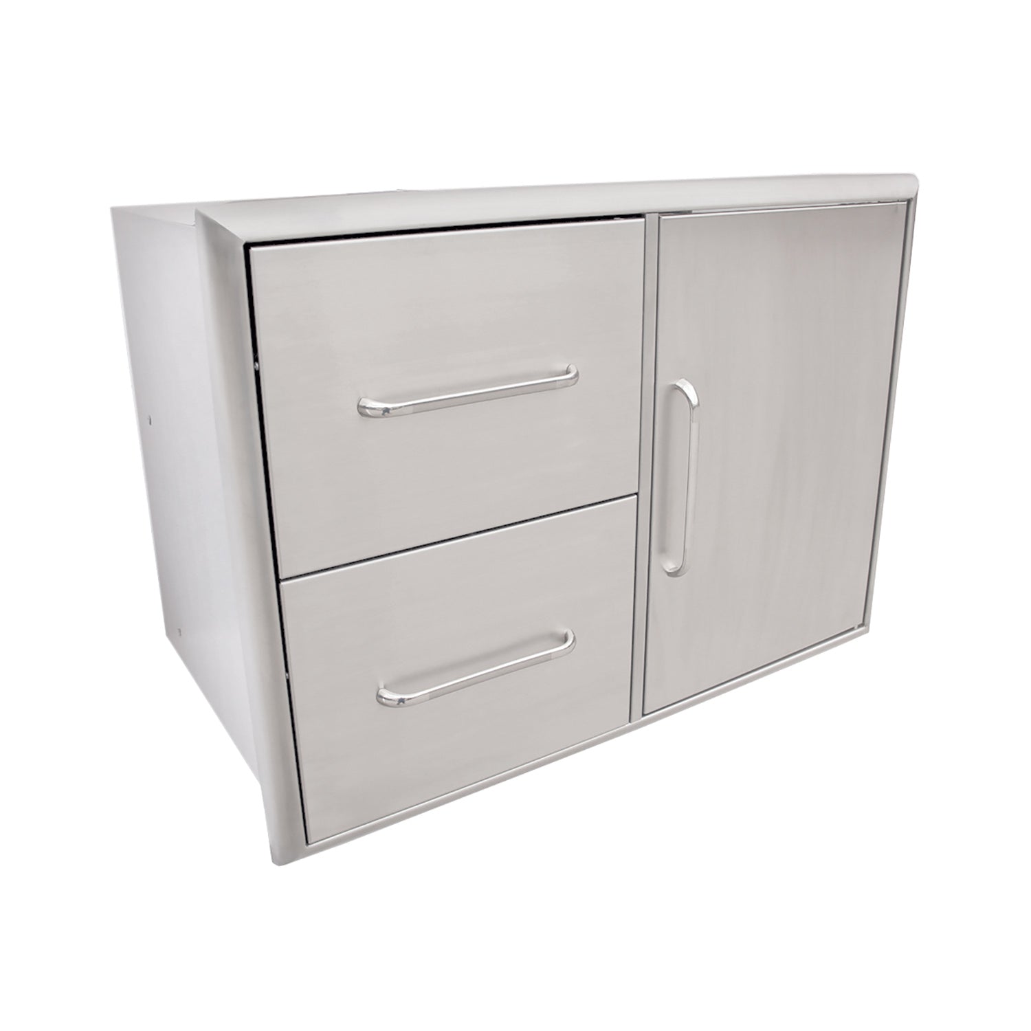 Stainless steel cabinet with two drawers and one door, brushed finish, silver bar handles