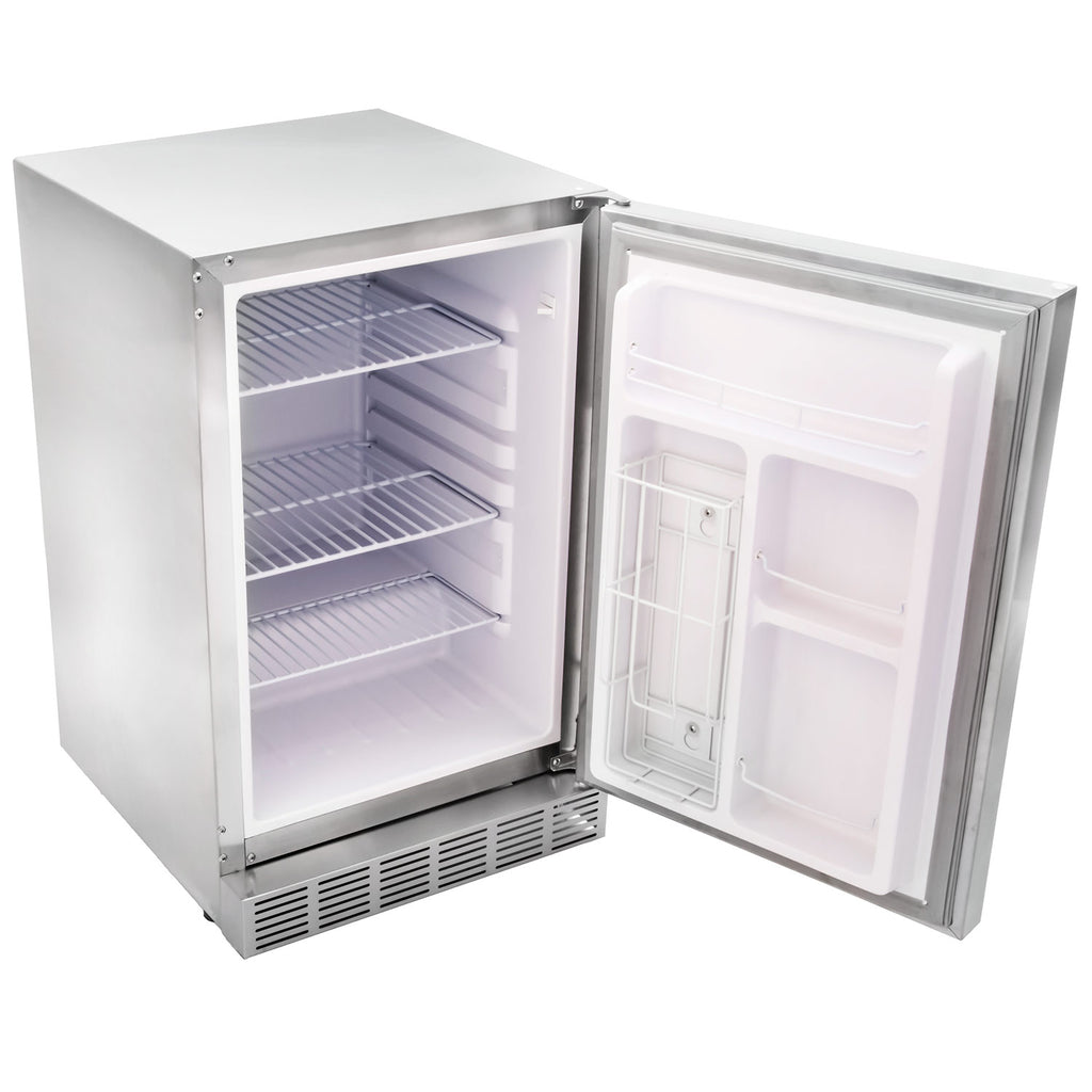 Stainless steel outdoor refrigerator with open door, visible shelves and bins