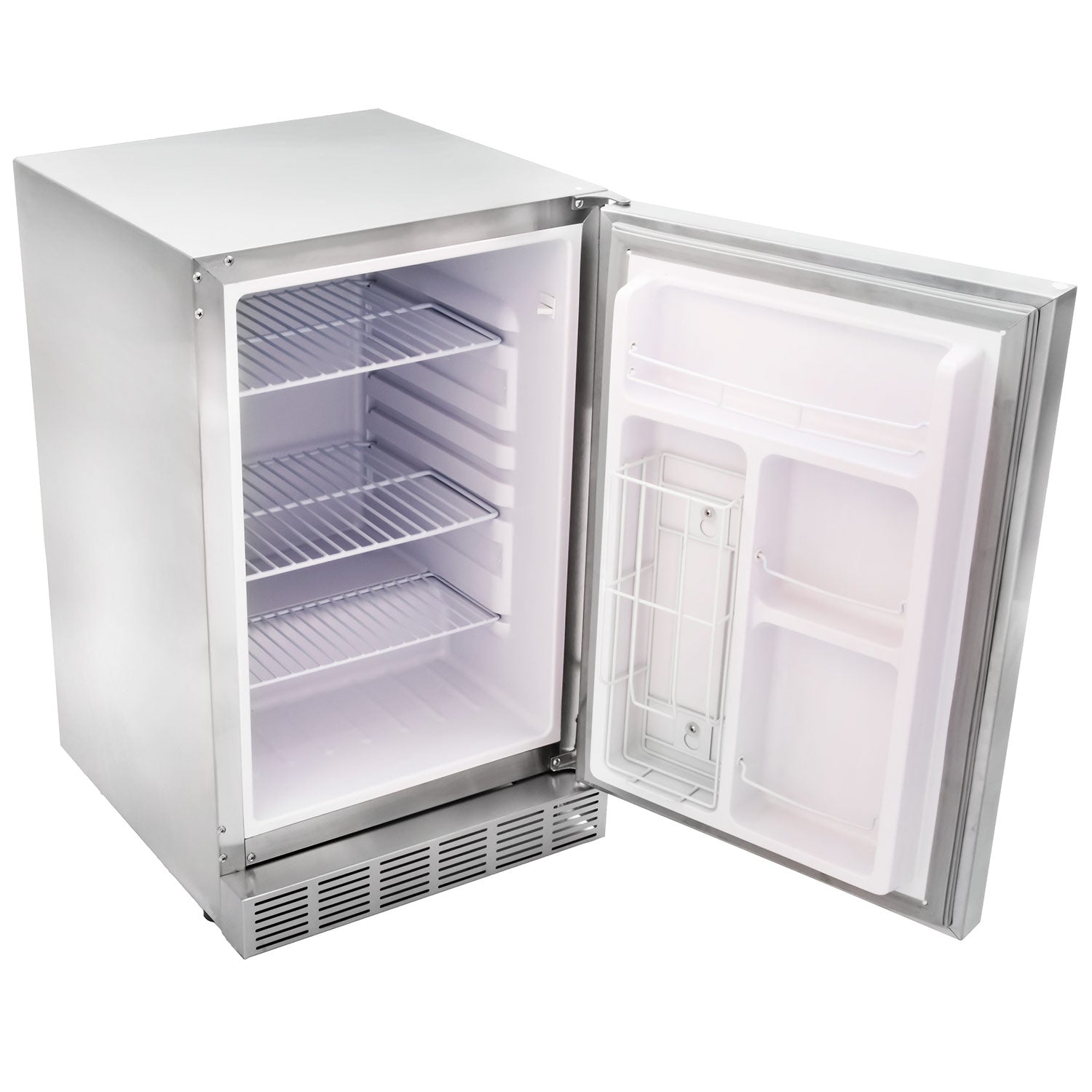 Stainless steel outdoor refrigerator with open door, visible shelves and bins
