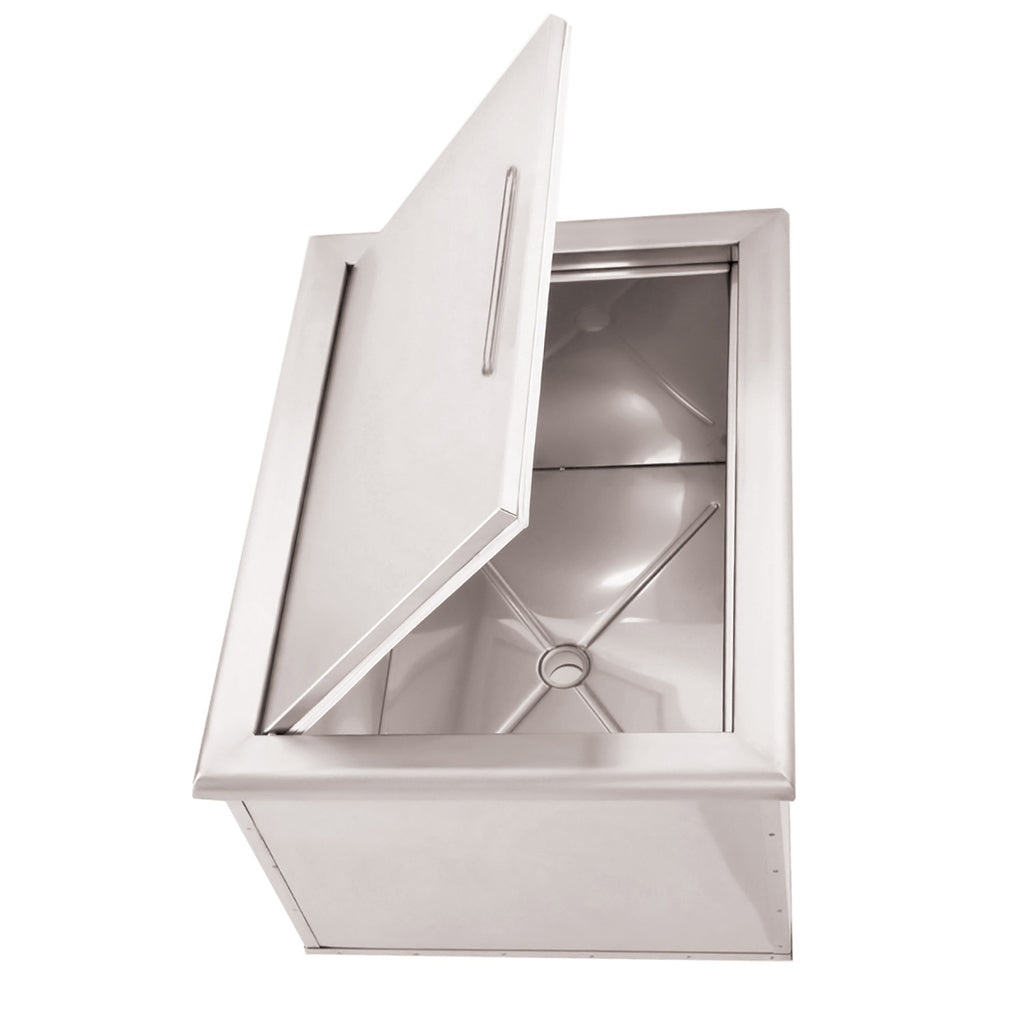 Stainless steel drop-in ice chest with lid open, revealing inner basin