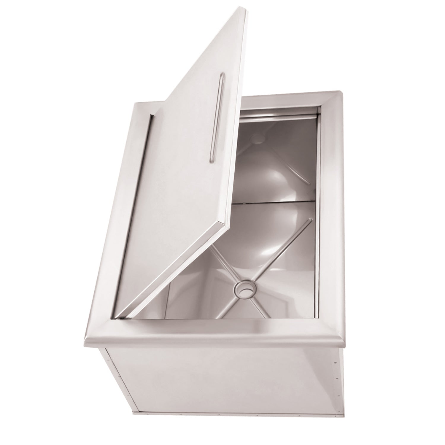 Stainless steel drop-in ice chest with lid open, revealing inner basin