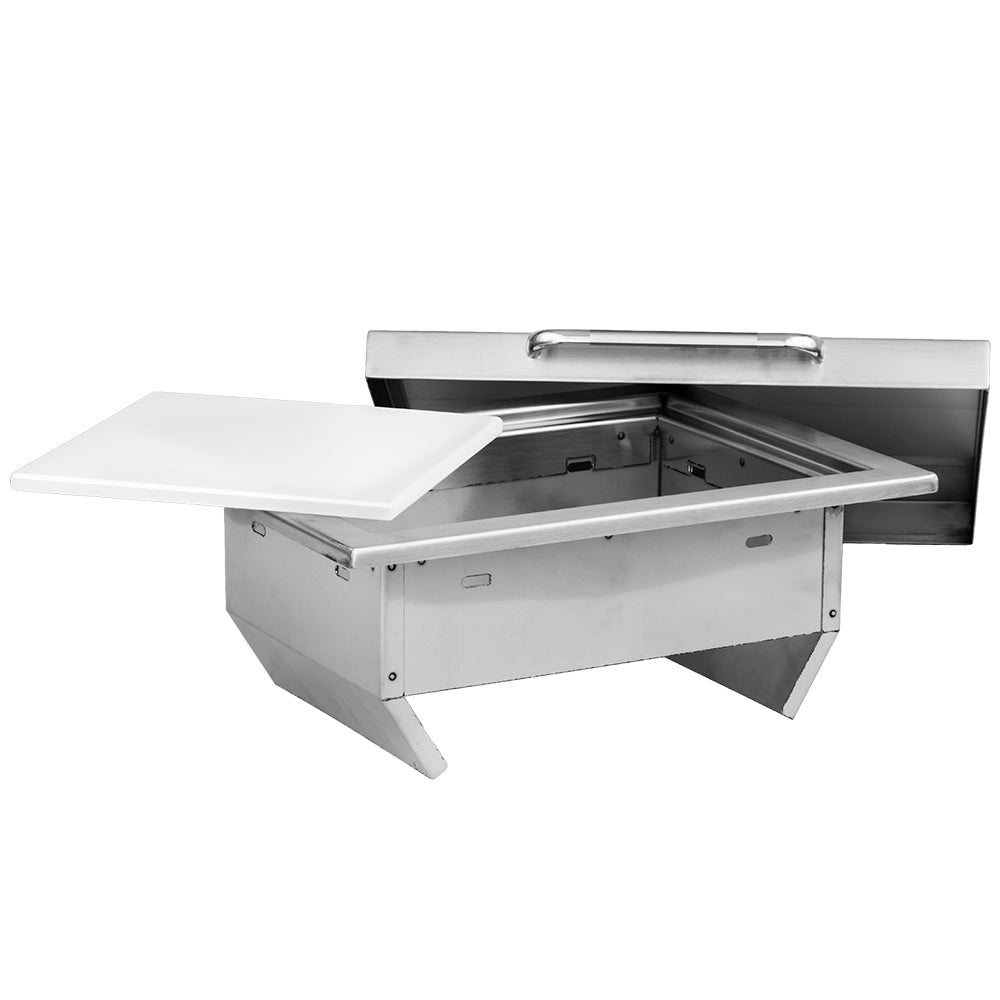 Stainless steel trash chute with lid open, showing interior bin compartment