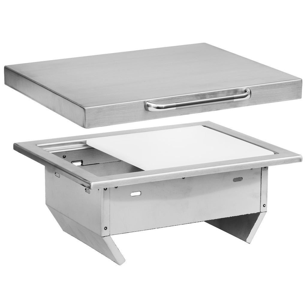 Stainless steel trash chute with open hinged lid and front access opening
