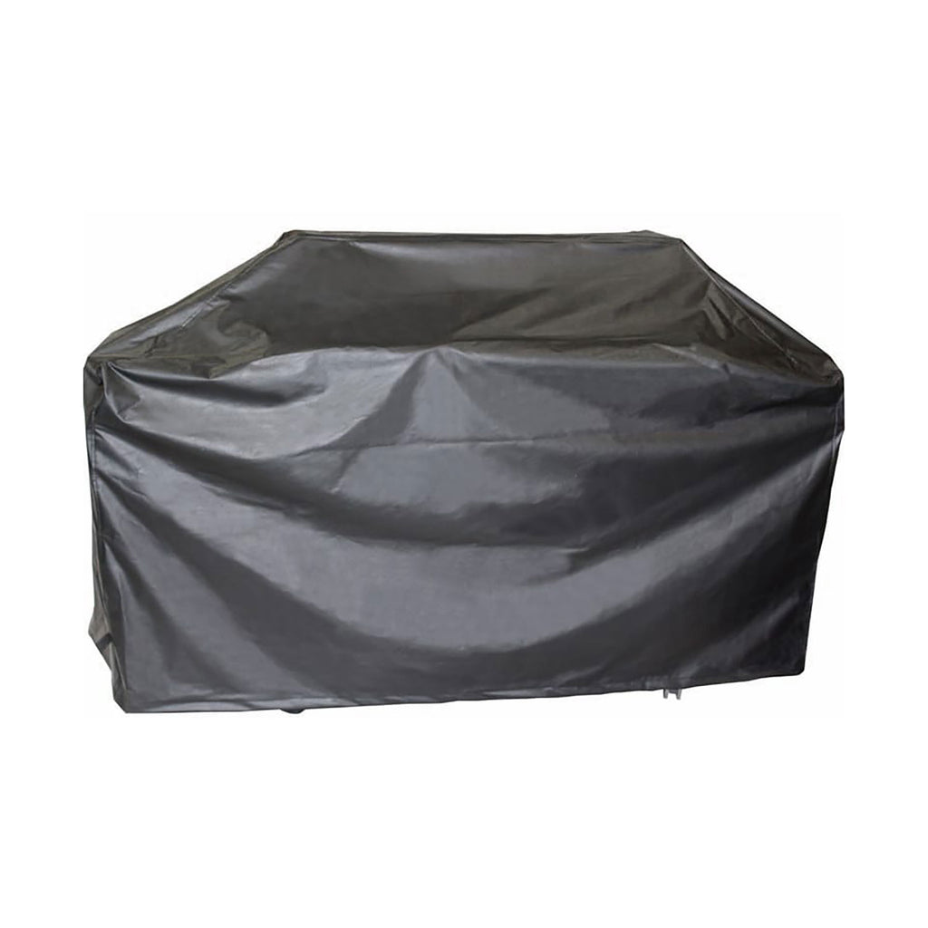 Dark gray poly vinyl grill cover with fitted, full-length shape
