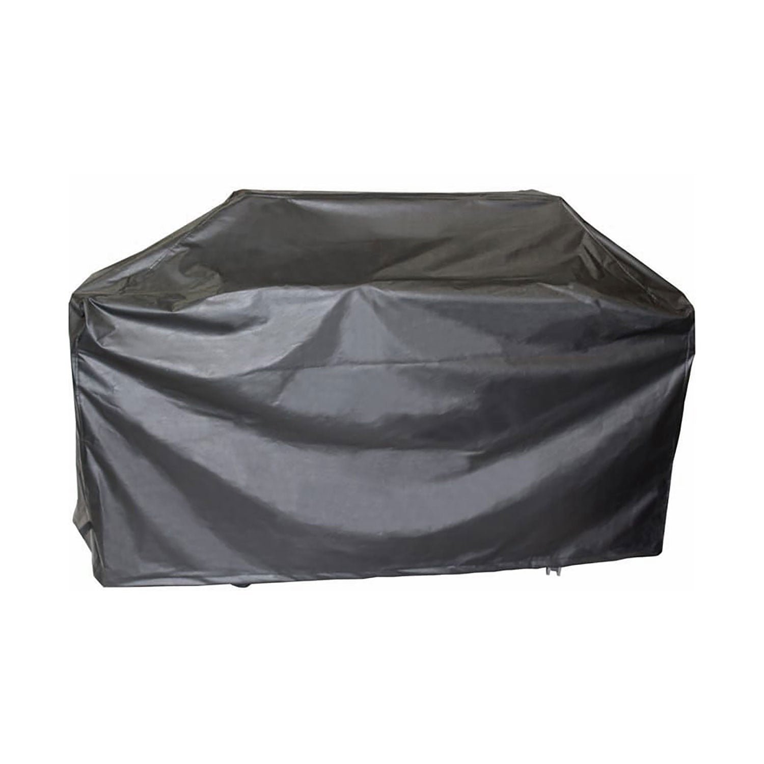 Dark gray poly vinyl grill cover with fitted, full-length shape
