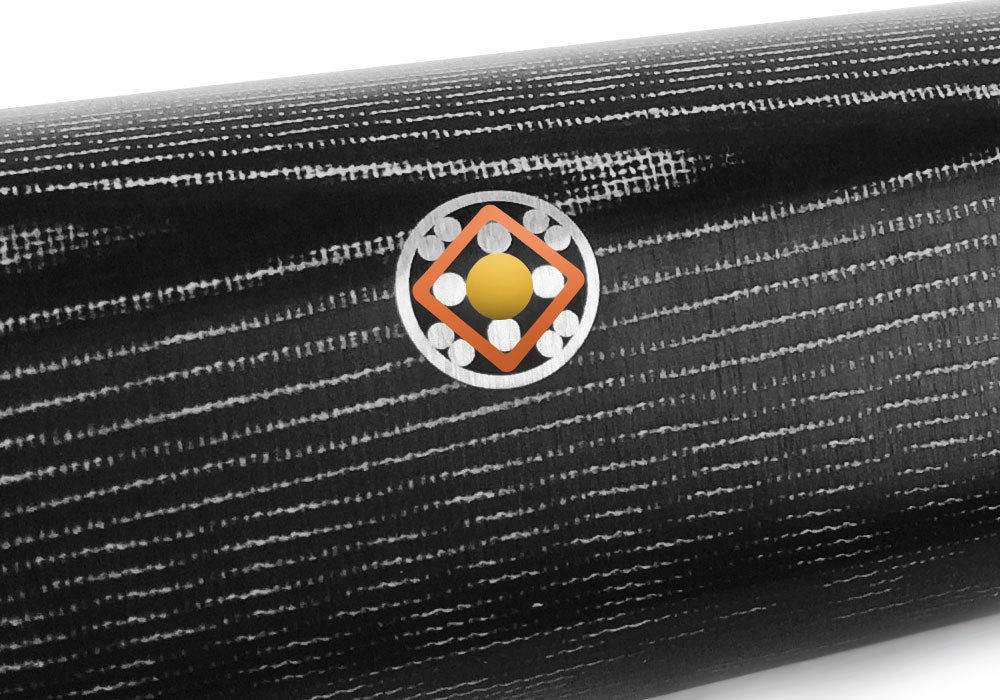 Black wood-style knife handle with circular orange logo detail