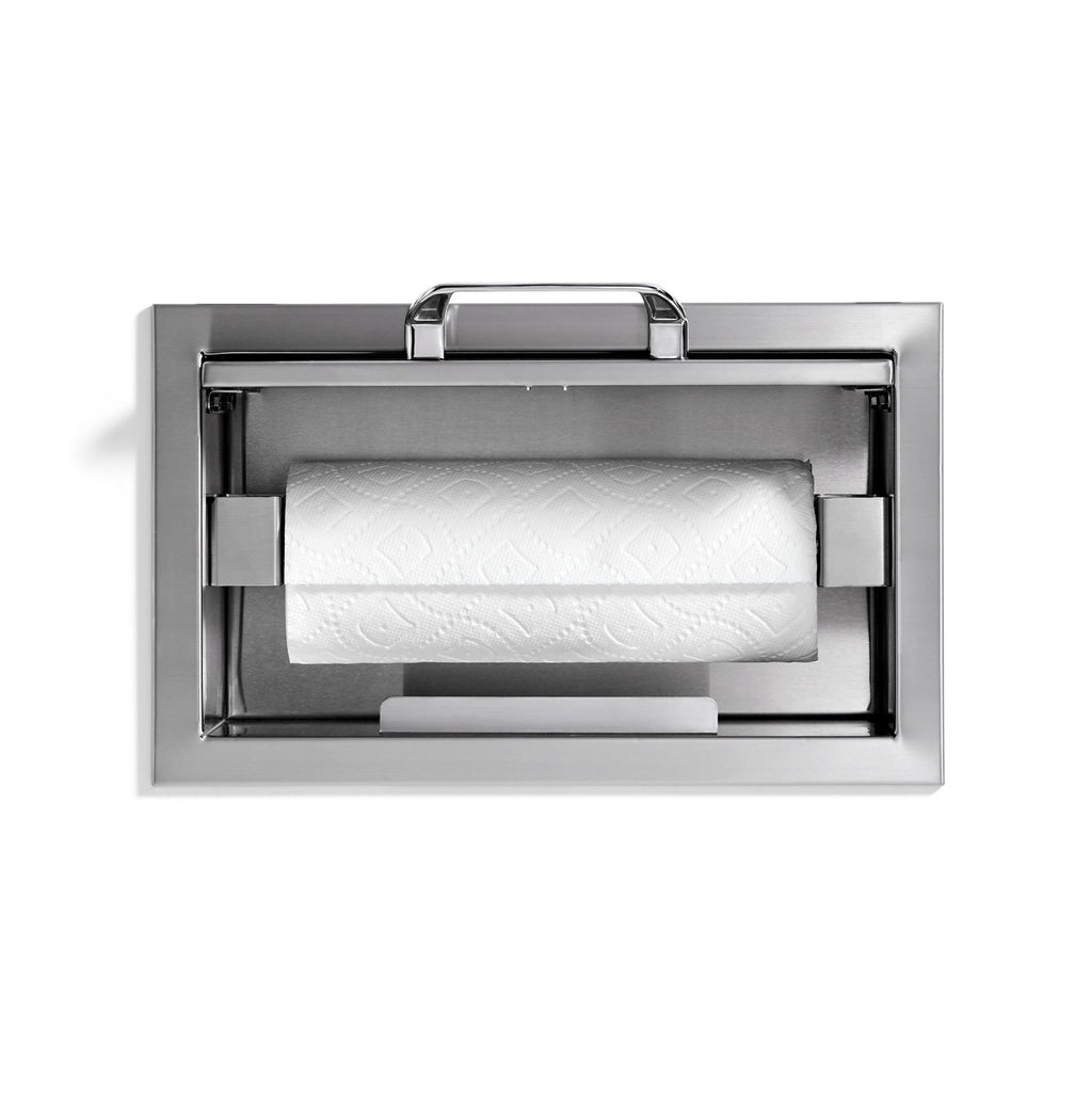 Built-in paper towel dispenser with chrome frame and paper roll inside
