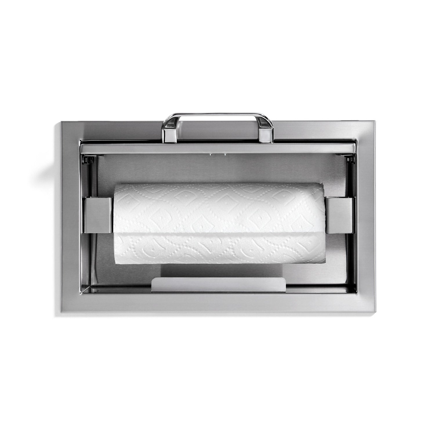 Built-in paper towel dispenser with chrome frame and paper roll inside