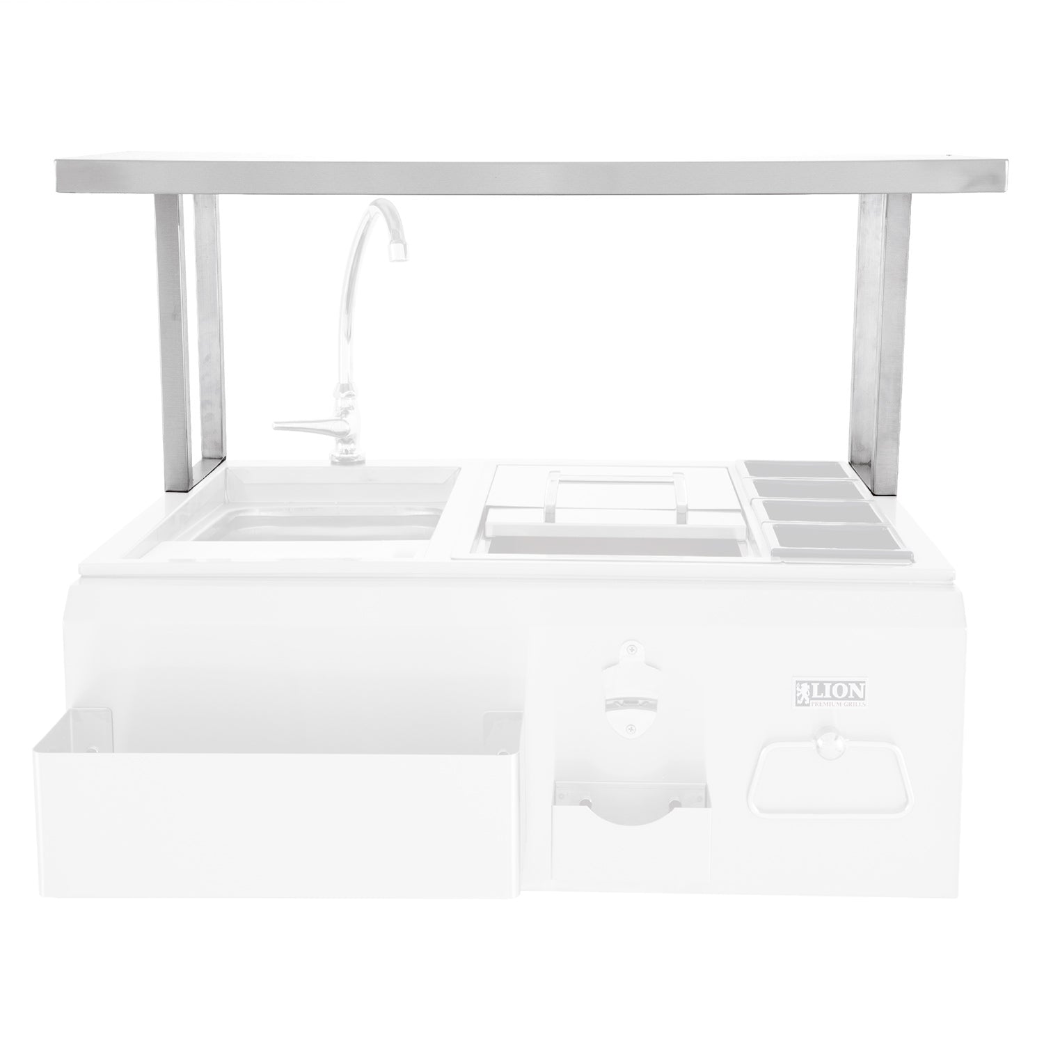 White outdoor bar center top shelf with faucet and storage drawers