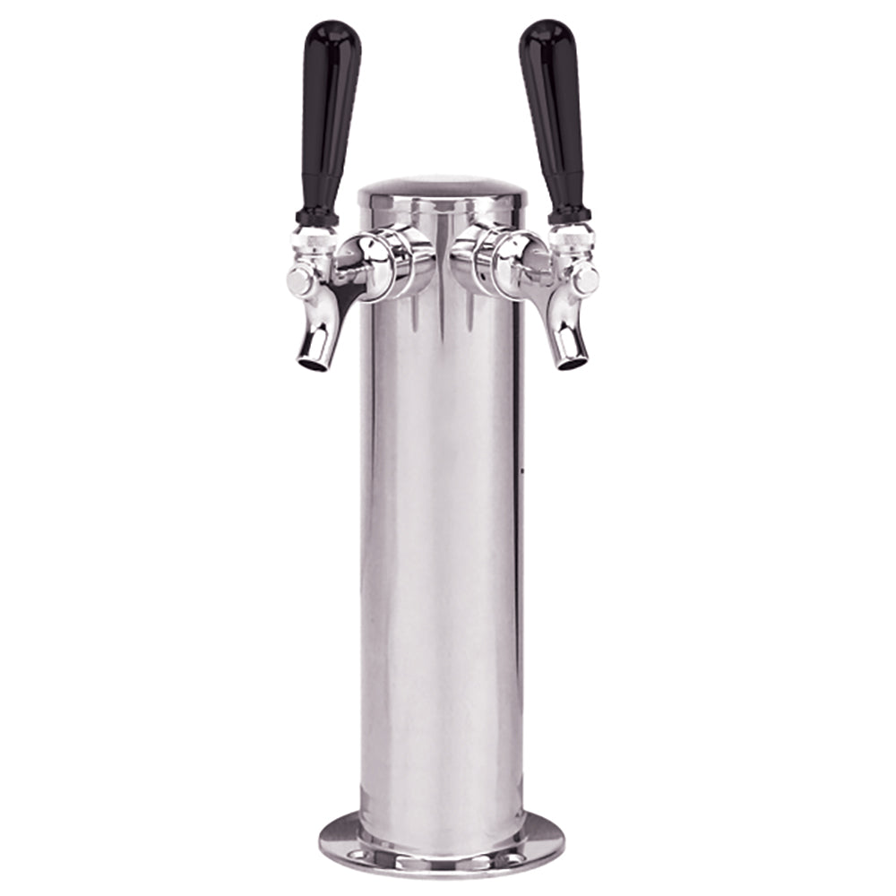 Stainless beer kegerator tap tower with dual faucets and black handle grips