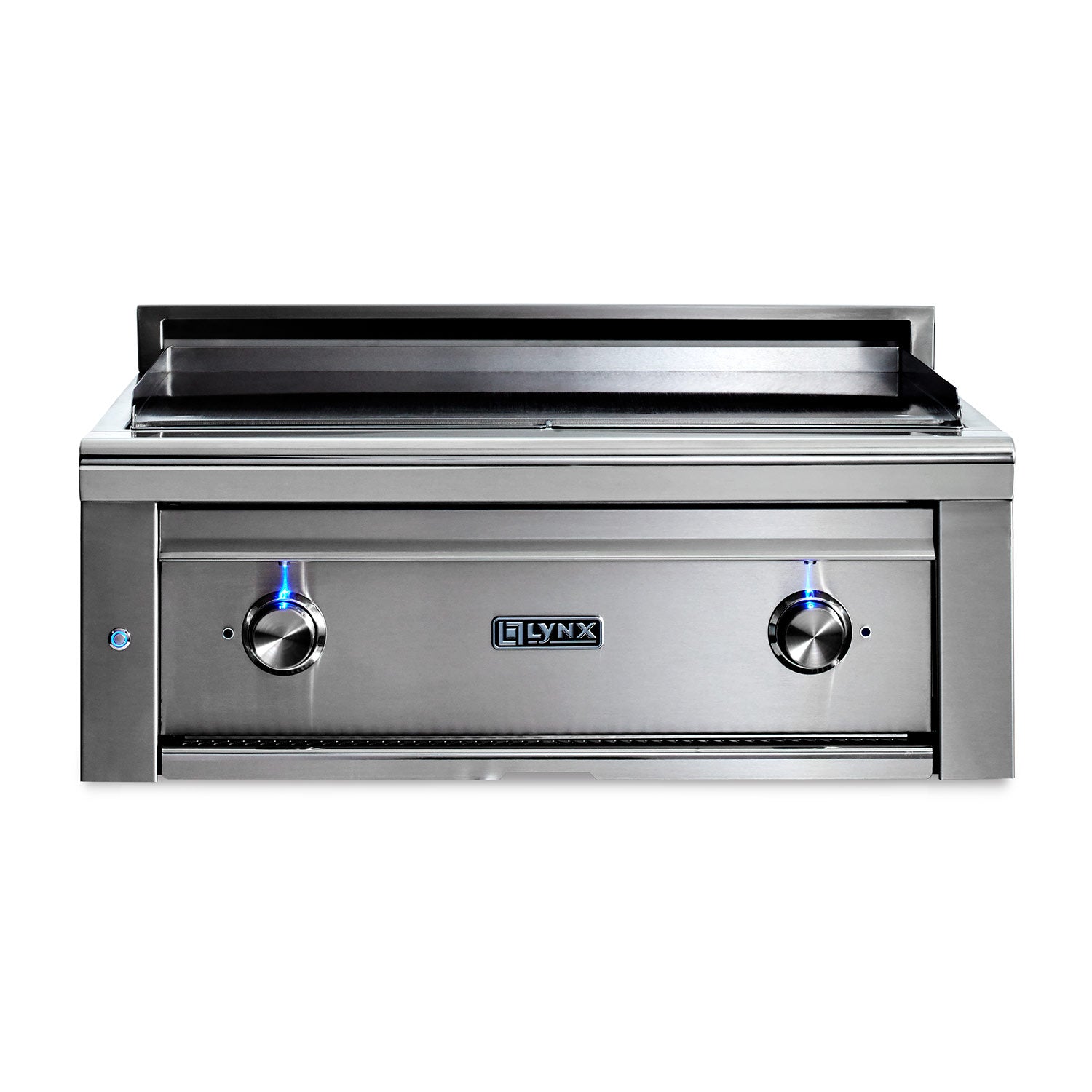 Built-in flat top gas grill with stainless front panel, two control knobs, and open hood