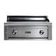 Built-in flat top gas grill with stainless front panel, two control knobs, and open hood