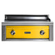 Built-in flat top gas grill with yellow front panel and two stainless control knobs