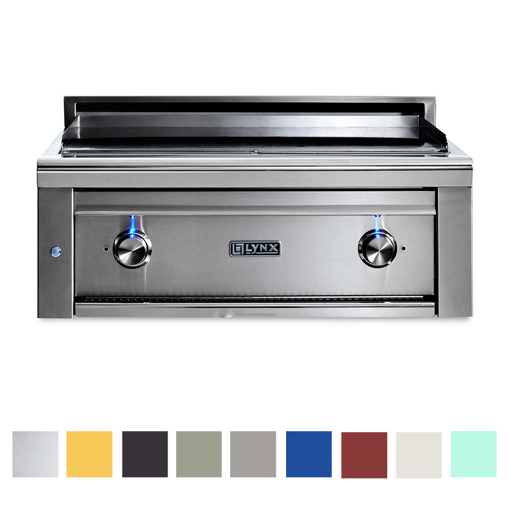 Built-in flat top gas grill with stainless body, two control knobs, and open hood