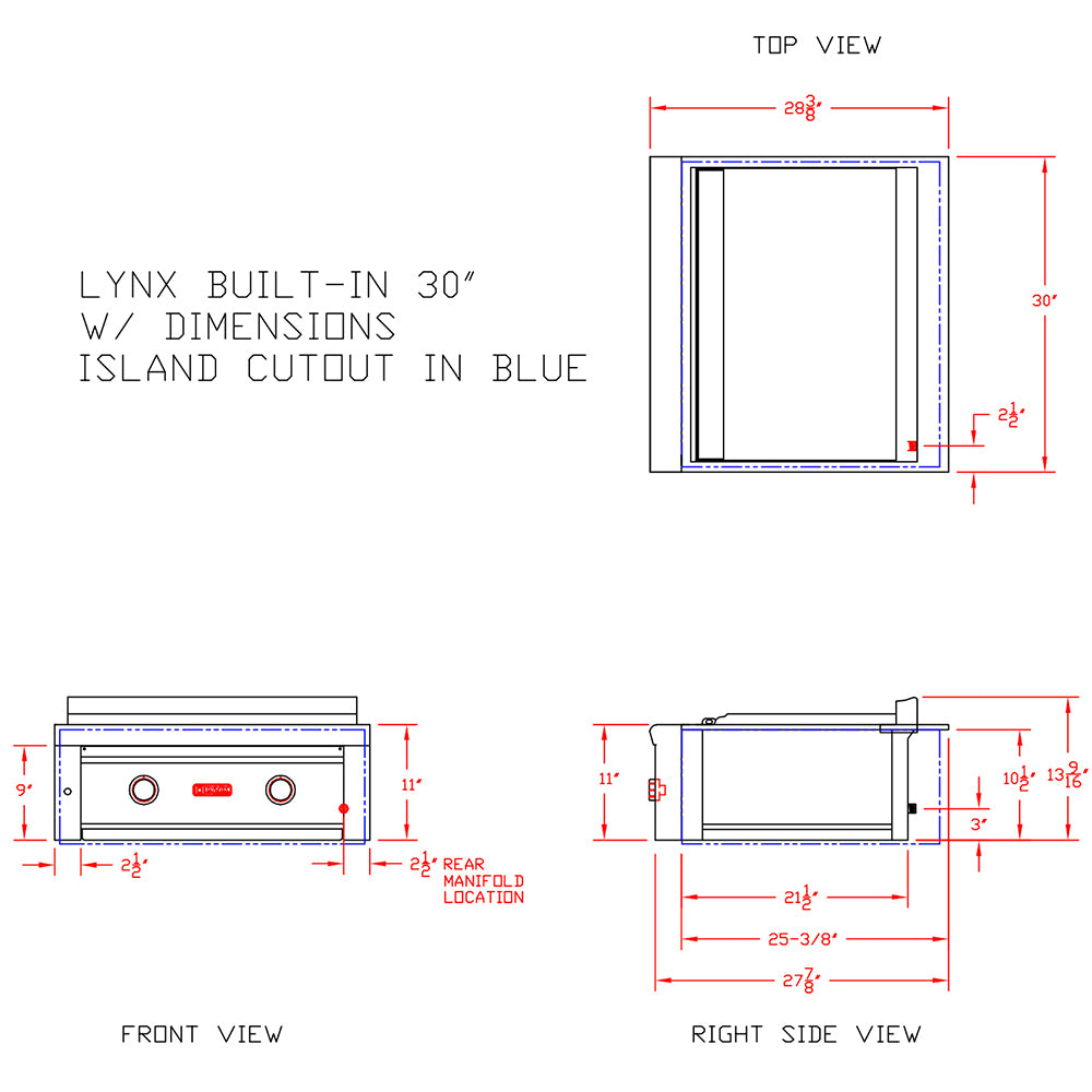 Built-in 30-inch flat top gas grill dimension diagram with top and side views