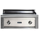 Built-in flat top gas grill with light front panel and two stainless control knobs