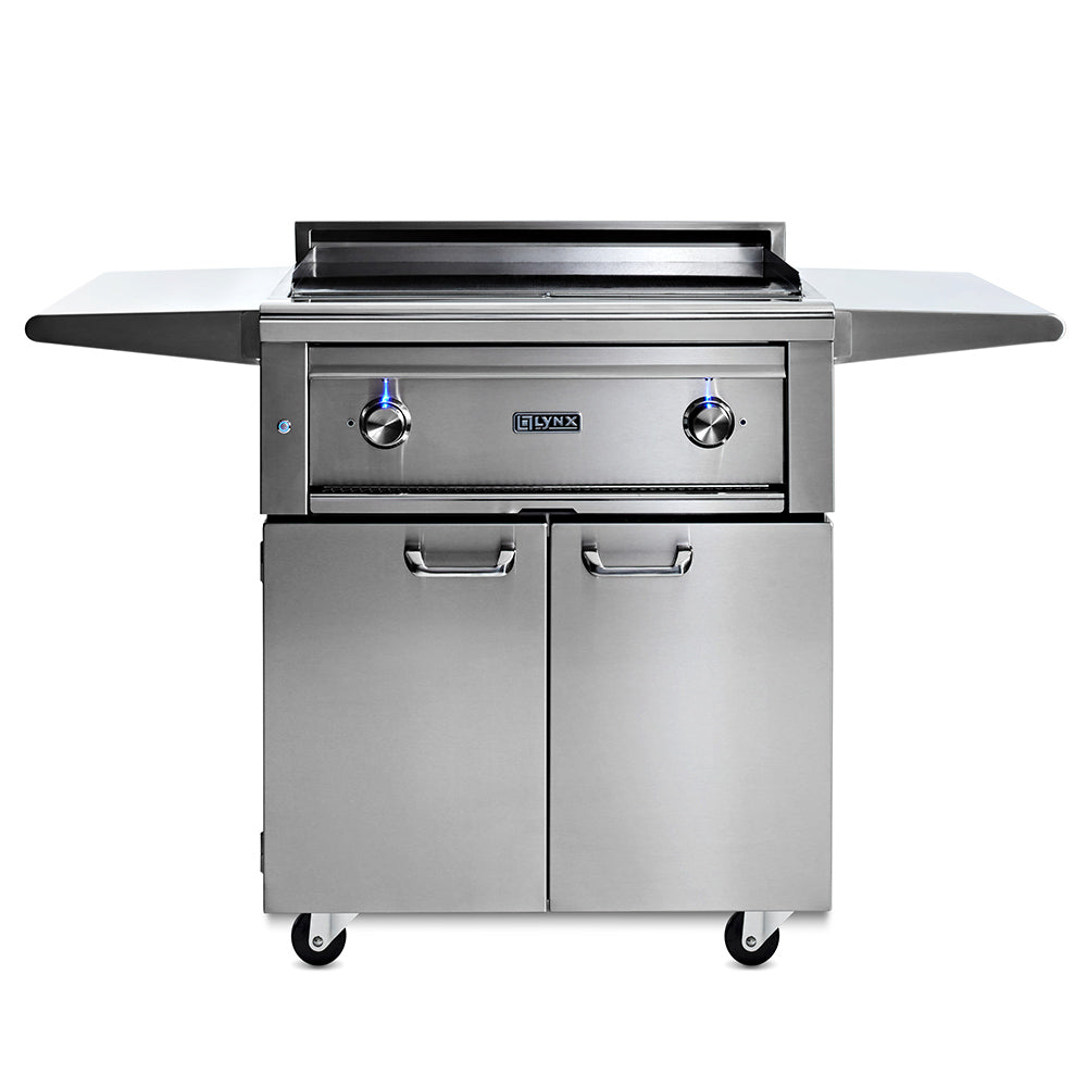 30-in gas grill on cart with stainless body, side shelves, and control knobs
