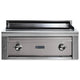Built-in flat top gas grill with gray front panel and two stainless control knobs