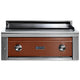 Built-in flat top gas grill with stainless frame, two control knobs, brown front panel