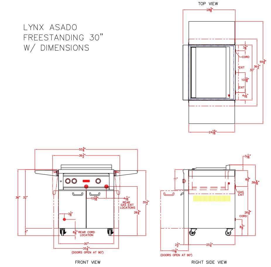 Lynx Asado grill dimension diagram with front, side, and top views
