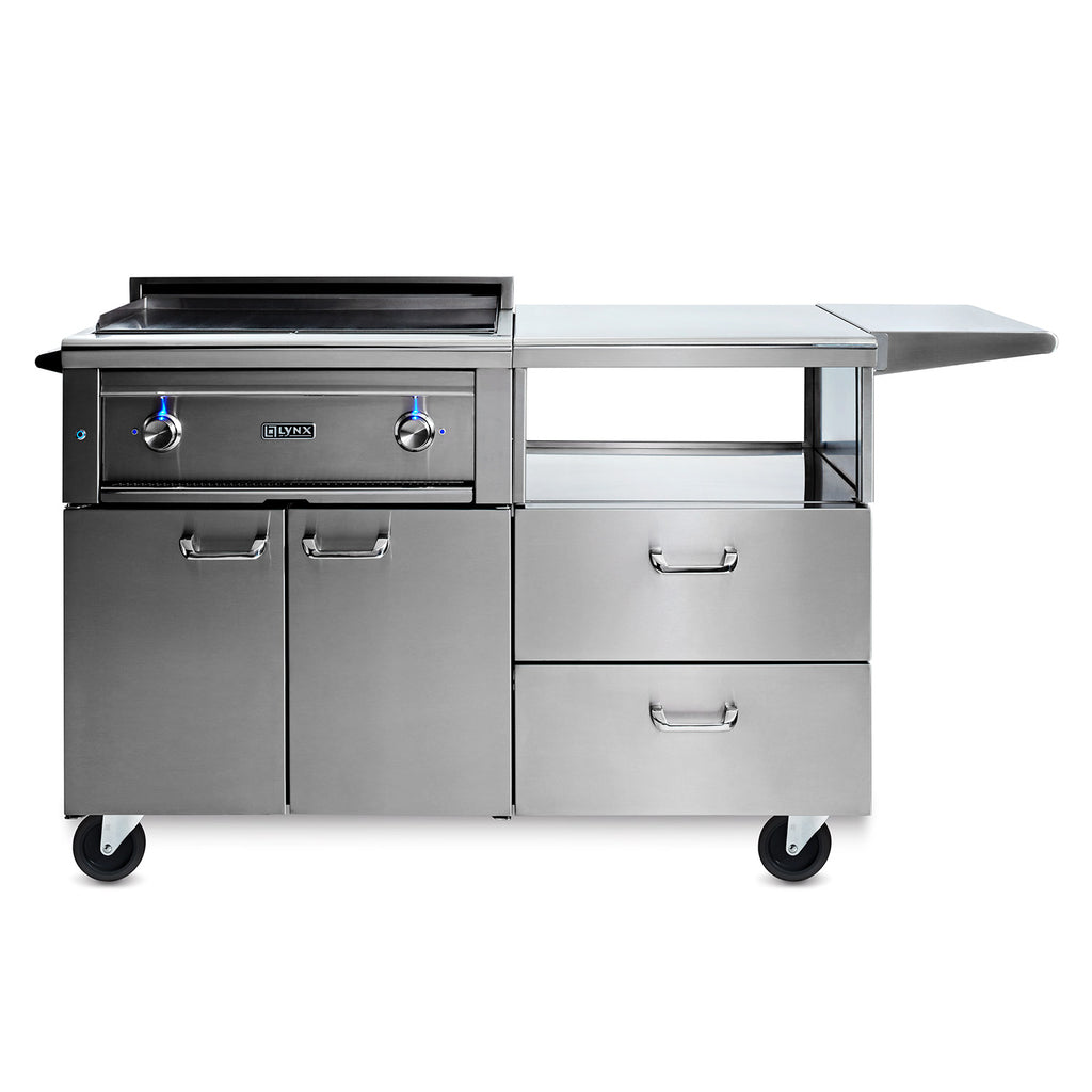 Stainless steel 30-inch gas grill on a mobile kitchen cart with two doors and drawers