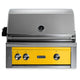Built-in gas grill with yellow control panel and stainless steel control knobs