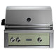 Built-in gas grill with light sage green control panel and stainless steel control knobs