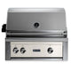 Built-in gas grill with light cream control panel and stainless steel control knobs