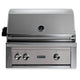 Built-in gas grill with stainless steel control panel and stainless steel control knobs