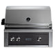 Built-in gas grill with dark control panel and stainless steel control knobs